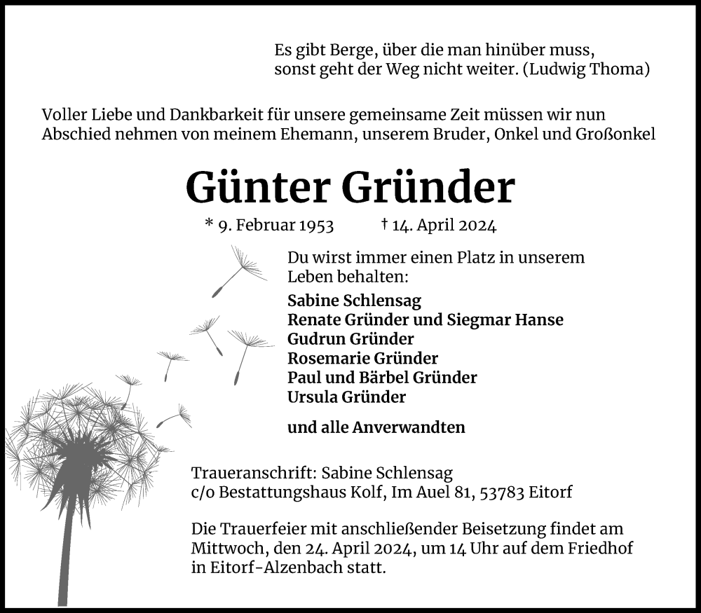  Traueranzeige für Günter Gründer vom 20.04.2024 aus Kölner Stadt-Anzeiger / Kölnische Rundschau / Express