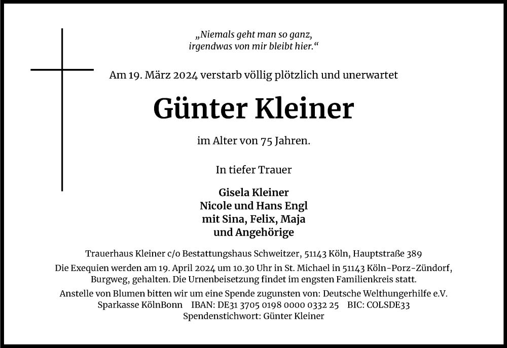  Traueranzeige für Günter Kleiner vom 06.04.2024 aus Kölner Stadt-Anzeiger / Kölnische Rundschau / Express
