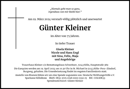 Anzeige von Günter Kleiner von Kölner Stadt-Anzeiger / Kölnische Rundschau / Express