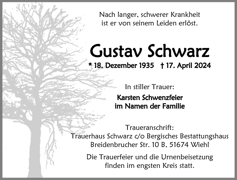  Traueranzeige für Gustav Schwarz vom 27.04.2024 aus Kölner Stadt-Anzeiger / Kölnische Rundschau / Express
