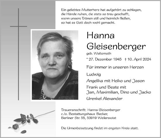 Anzeige von Hanna Gleisenberger von  Blickpunkt Euskirchen 