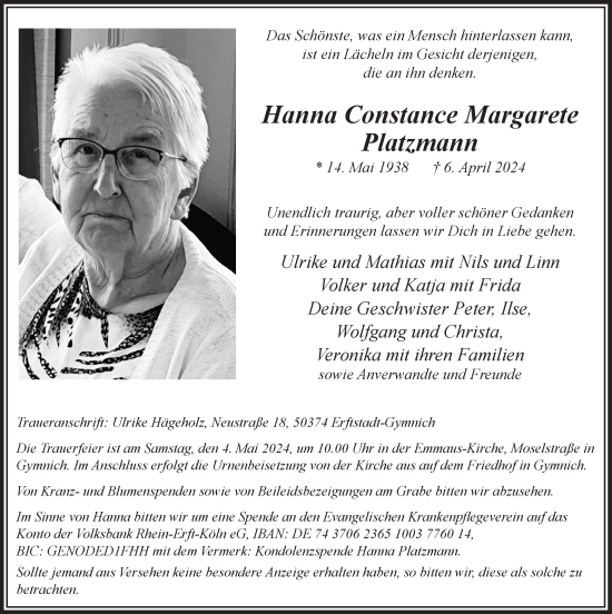 Anzeige von Hanna Constance Margarete Platzmann von  Werbepost 