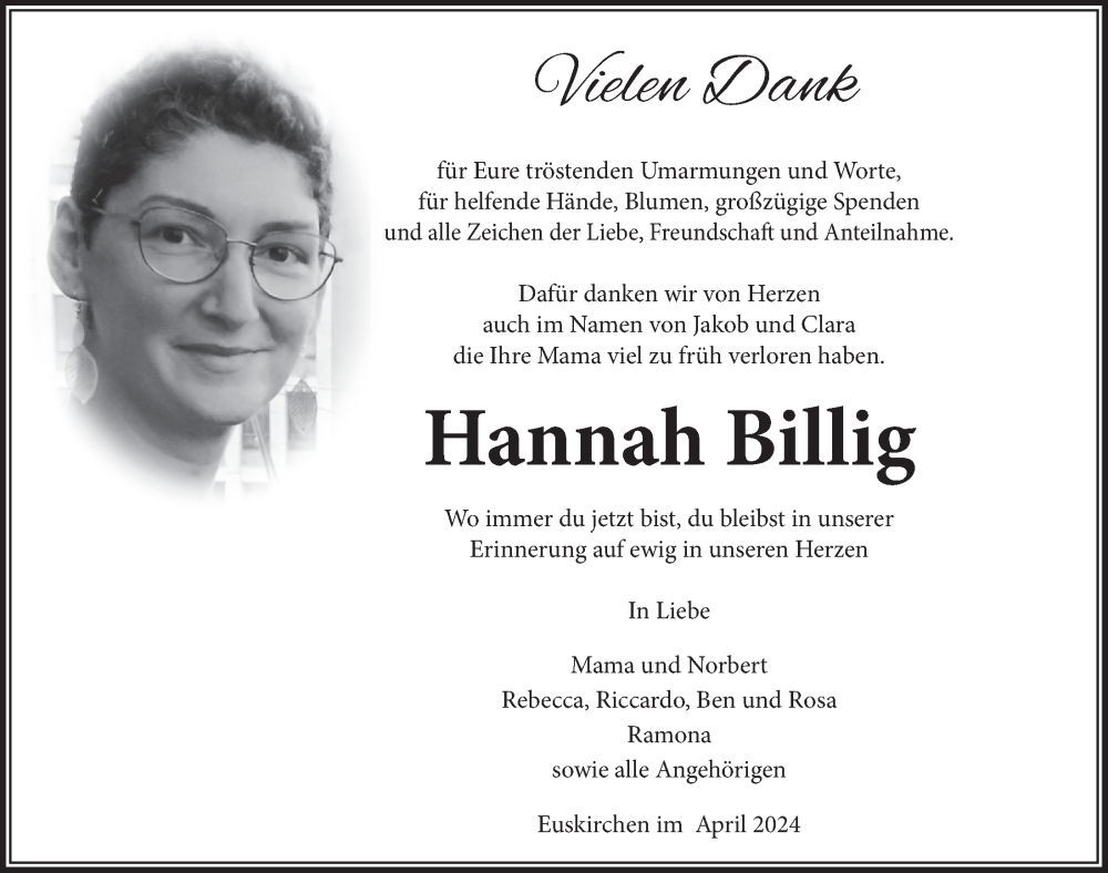  Traueranzeige für Hannah Billig vom 13.04.2024 aus  Blickpunkt Euskirchen 