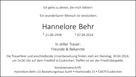 Anzeige von Hannelore Behr von  Blickpunkt Euskirchen 