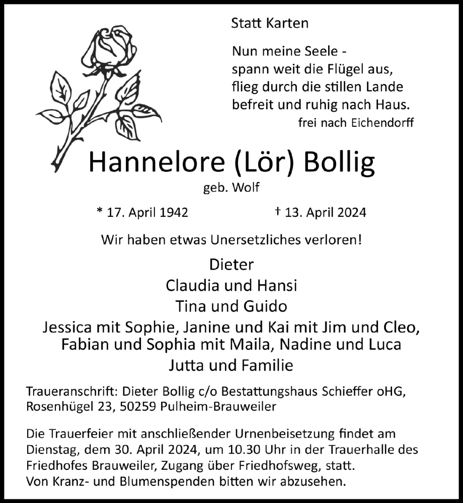  Traueranzeige für Hannelore Bollig vom 19.04.2024 aus  Wochenende 