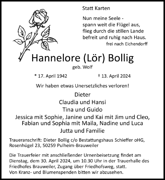 Anzeige von Hannelore Bollig von  Wochenende 