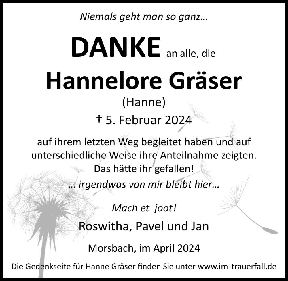  Traueranzeige für Hannelore Gräser vom 12.04.2024 aus  Lokalanzeiger 