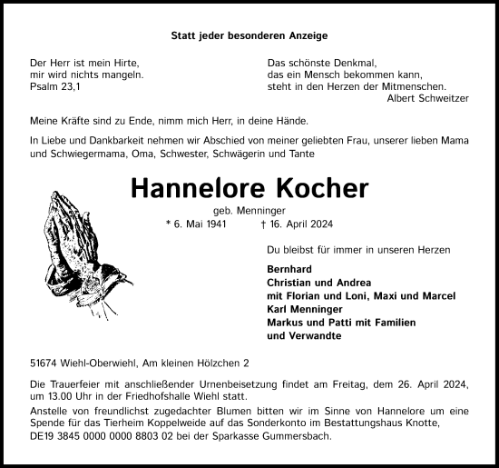Anzeige von Hannelore Kocher von Kölner Stadt-Anzeiger / Kölnische Rundschau / Express