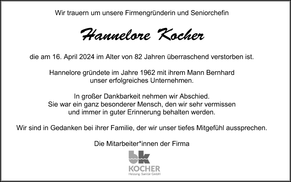  Traueranzeige für Hannelore Kocher vom 20.04.2024 aus Kölner Stadt-Anzeiger / Kölnische Rundschau / Express