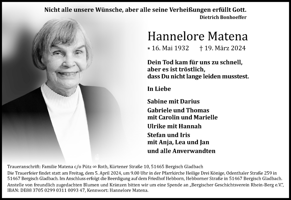  Traueranzeige für Hannelore Matena vom 30.03.2024 aus Kölner Stadt-Anzeiger / Kölnische Rundschau / Express