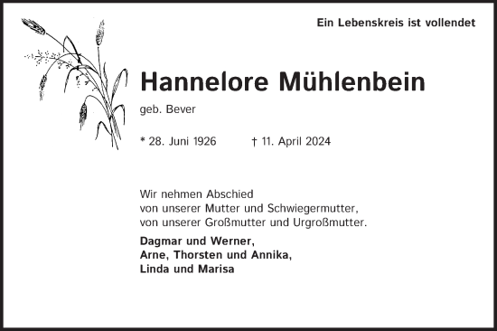 Anzeige von Hannelore Mühlenbein von Kölner Stadt-Anzeiger / Kölnische Rundschau / Express