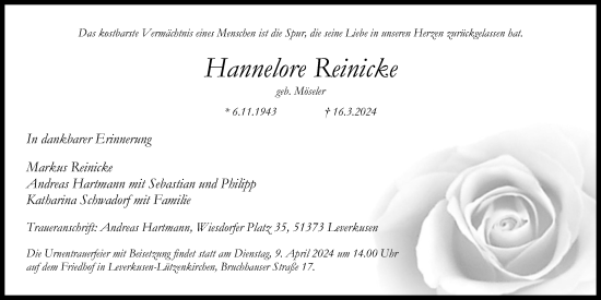 Anzeige von Hannelore Reinicke von Kölner Stadt-Anzeiger / Kölnische Rundschau / Express