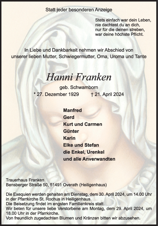 Anzeige von Hanni Franken von Kölner Stadt-Anzeiger / Kölnische Rundschau / Express