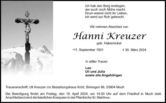 Anzeige von Hanni Kreuzer von Kölner Stadt-Anzeiger / Kölnische Rundschau / Express