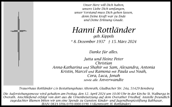 Anzeige von Hanni Rottländer von Kölner Stadt-Anzeiger / Kölnische Rundschau / Express