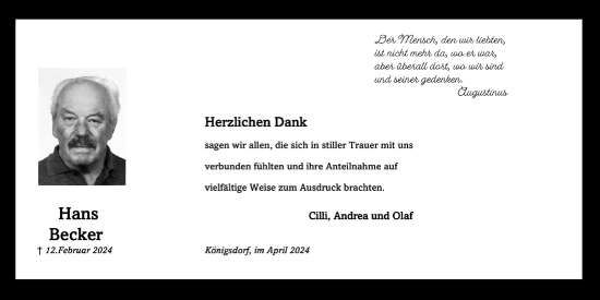 Anzeige von Hans Becker von  Wochenende 