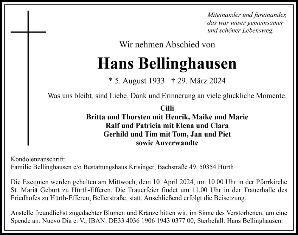  Traueranzeige für Hans Bellinghausen vom 05.04.2024 aus  Wochenende 