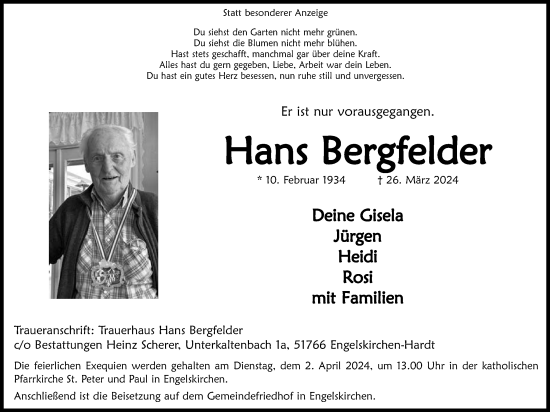 Anzeige von Hans Bergfelder von Kölner Stadt-Anzeiger / Kölnische Rundschau / Express