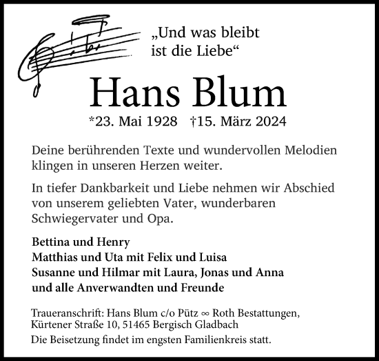 Anzeige von Hans Blum von Kölner Stadt-Anzeiger / Kölnische Rundschau / Express