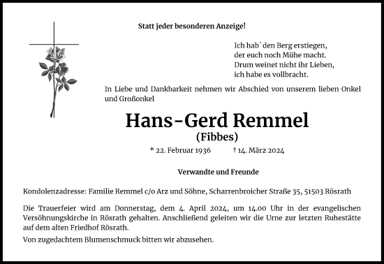 Anzeige von Hans-Gerd Remmel von Kölner Stadt-Anzeiger / Kölnische Rundschau / Express