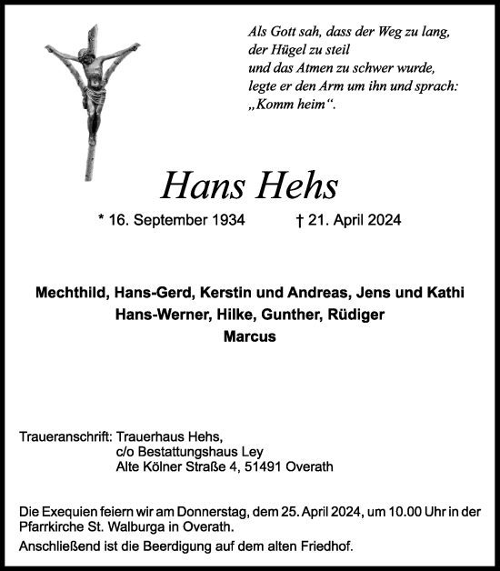 Anzeige von Hans Hehs von Kölner Stadt-Anzeiger / Kölnische Rundschau / Express