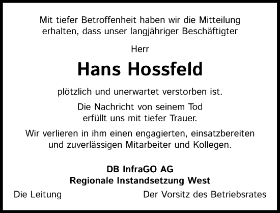 Anzeige von Hans Hossfeld von Kölner Stadt-Anzeiger / Kölnische Rundschau / Express