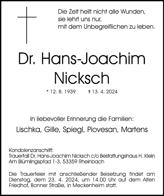 Anzeige von Hans-Joachim Nicksch von  Schaufenster/Blickpunkt 