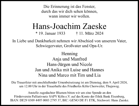 Anzeige von Hans-Joachim Zaeske von Kölner Stadt-Anzeiger / Kölnische Rundschau / Express