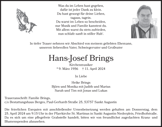 Anzeige von Hans-Josef Brings von  Extra Blatt 