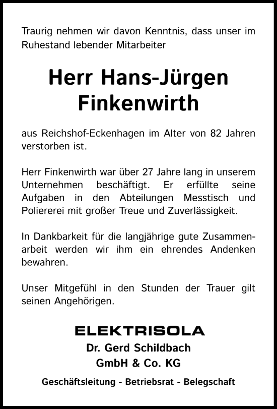Anzeige von Hans-Jürgen Finkenwirth von Kölner Stadt-Anzeiger / Kölnische Rundschau / Express