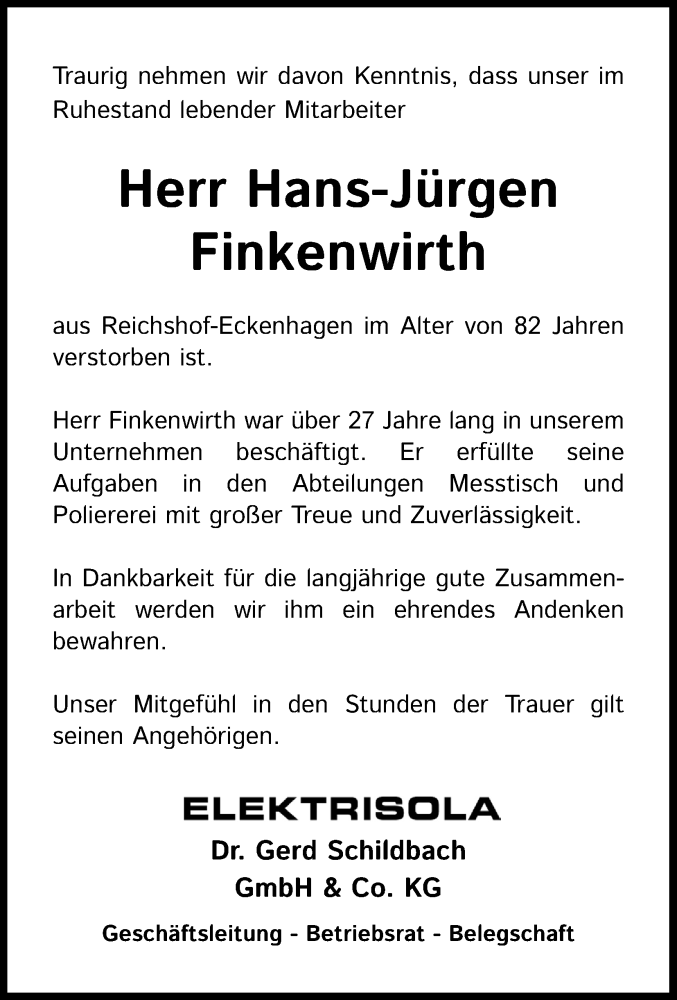  Traueranzeige für Hans-Jürgen Finkenwirth vom 20.04.2024 aus Kölner Stadt-Anzeiger / Kölnische Rundschau / Express