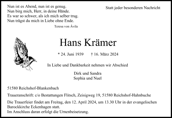 Anzeige von Hans Krämer von Kölner Stadt-Anzeiger / Kölnische Rundschau / Express