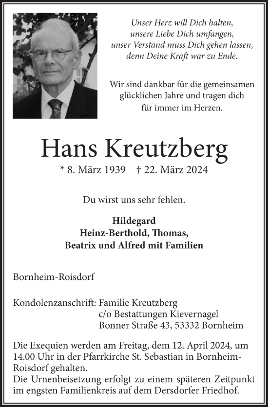 Anzeige von Hans Kreutzberg von  Schaufenster/Blickpunkt 