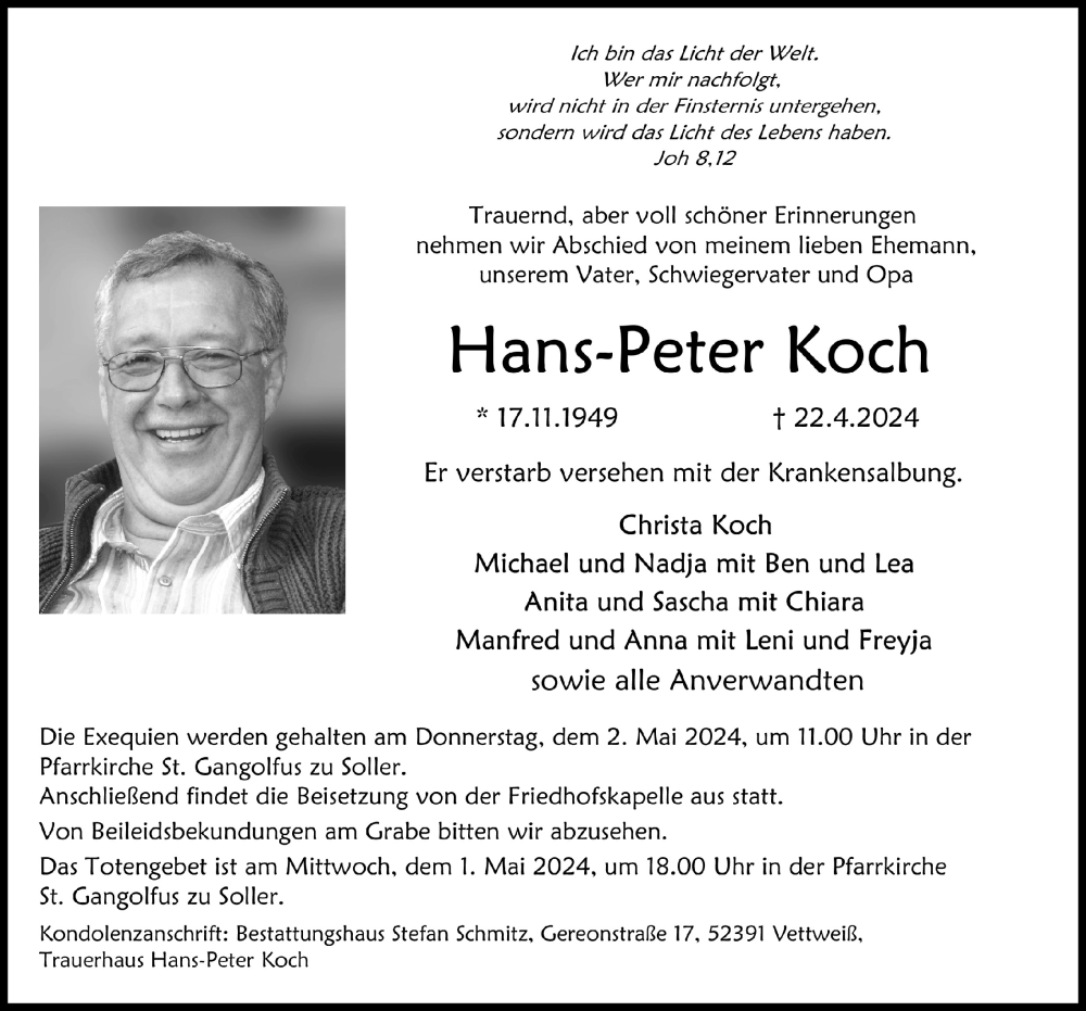  Traueranzeige für Hans-Peter Koch vom 27.04.2024 aus  Blickpunkt Euskirchen 