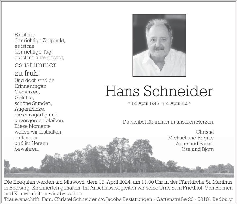  Traueranzeige für Hans Schneider vom 12.04.2024 aus  Werbepost 