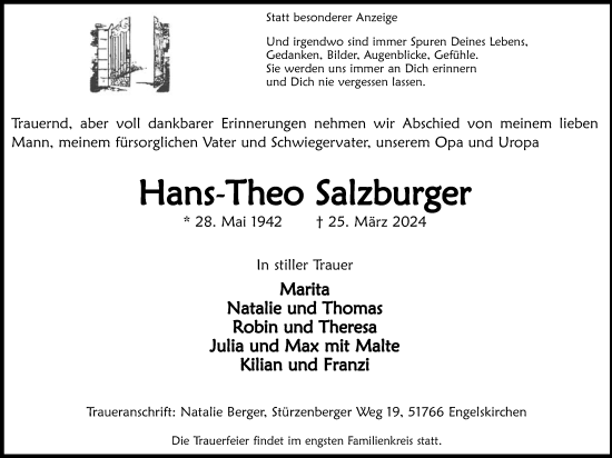 Anzeige von Hans-Theo Salzburger von Kölner Stadt-Anzeiger / Kölnische Rundschau / Express