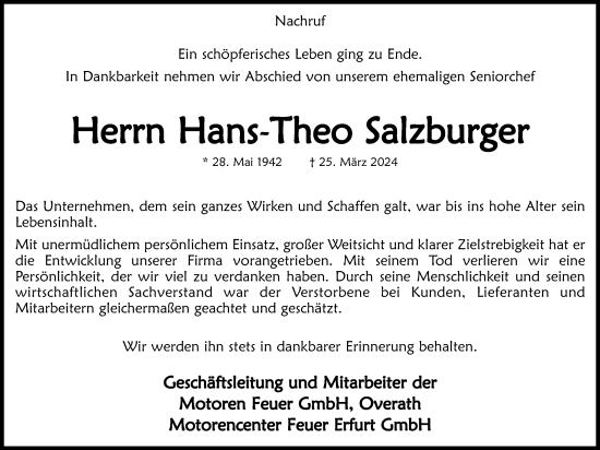 Anzeige von Hans-Theo Salzburger von Kölner Stadt-Anzeiger / Kölnische Rundschau / Express