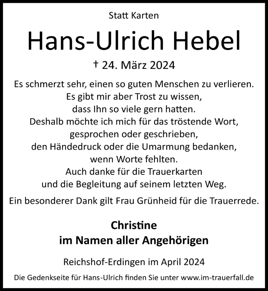  Traueranzeige für Hans-Ulrich Hebel vom 19.04.2024 aus  Lokalanzeiger 