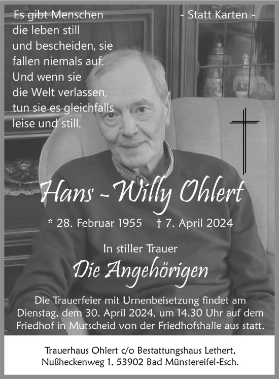 Anzeige von Hans-Willy Ohlert von  Blickpunkt Euskirchen 