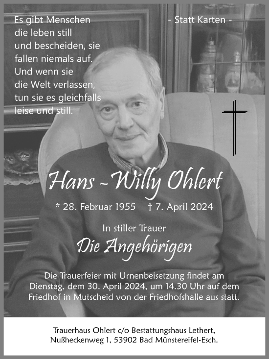 Anzeige von Hans-Willy Ohlert von Kölner Stadt-Anzeiger / Kölnische Rundschau / Express