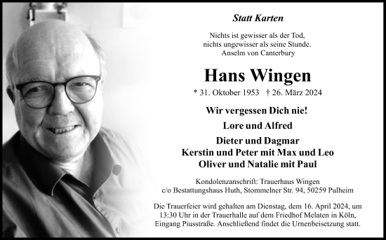 Anzeige von Hans Wingen von Kölner Stadt-Anzeiger / Kölnische Rundschau / Express
