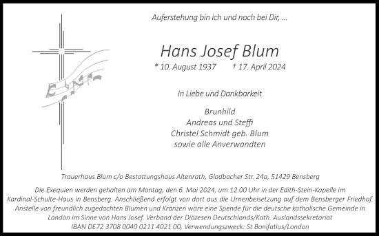 Anzeige von Hans Josef Blum von Kölner Stadt-Anzeiger / Kölnische Rundschau / Express