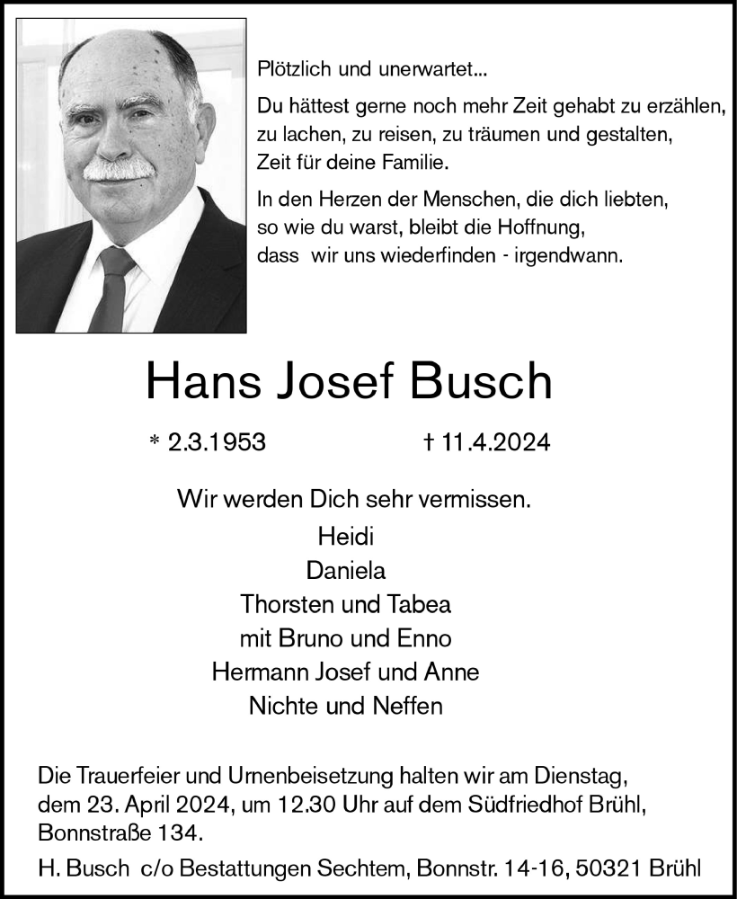  Traueranzeige für Hans Josef Busch vom 19.04.2024 aus  Schlossbote/Werbekurier 
