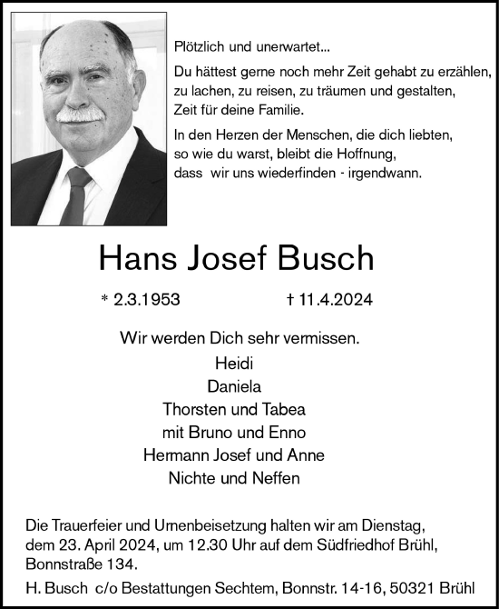 Anzeige von Hans Josef Busch von  Schlossbote/Werbekurier 