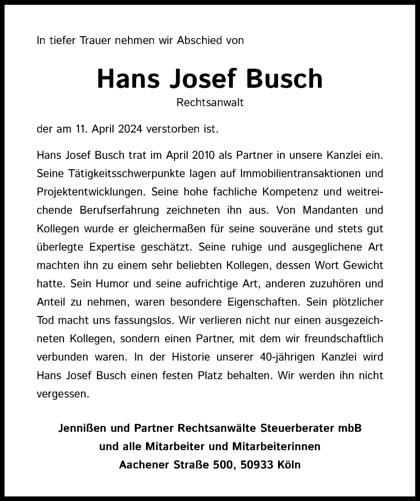  Traueranzeige für Hans Josef Busch vom 20.04.2024 aus Kölner Stadt-Anzeiger / Kölnische Rundschau / Express