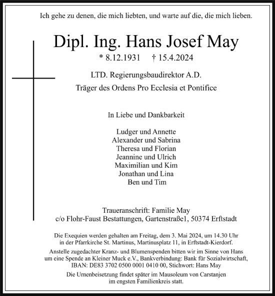 Anzeige von Hans Josef May von  Werbepost 