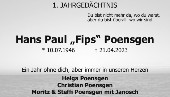 Anzeige von Hans Paul Poensgen von Kölner Stadt-Anzeiger / Kölnische Rundschau / Express
