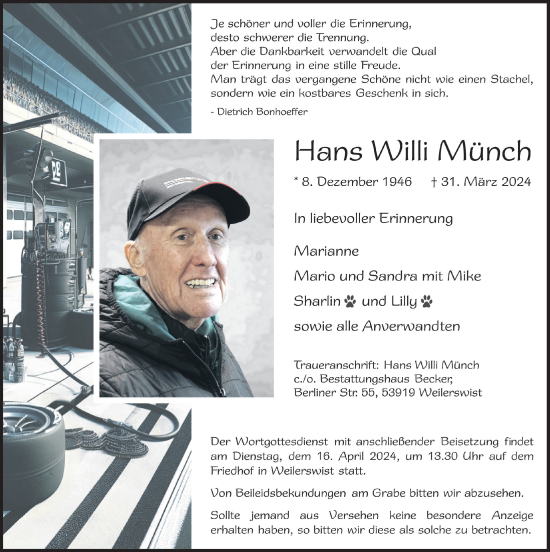 Anzeige von Hans Willi Münch von  Blickpunkt Euskirchen 