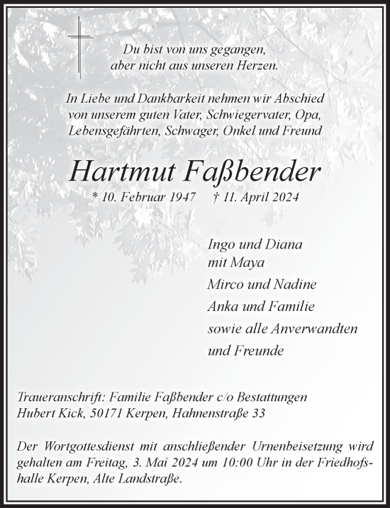 Anzeige von Hartmut Faßbender von  Werbepost 