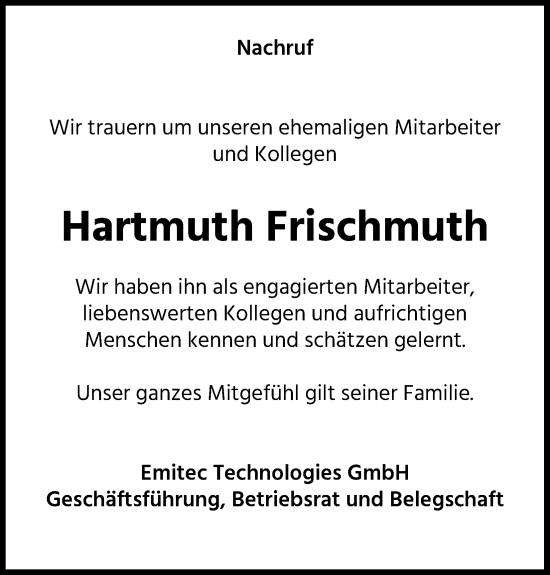 Anzeige von Hartmuth Frischmuth von Kölner Stadt-Anzeiger / Kölnische Rundschau / Express